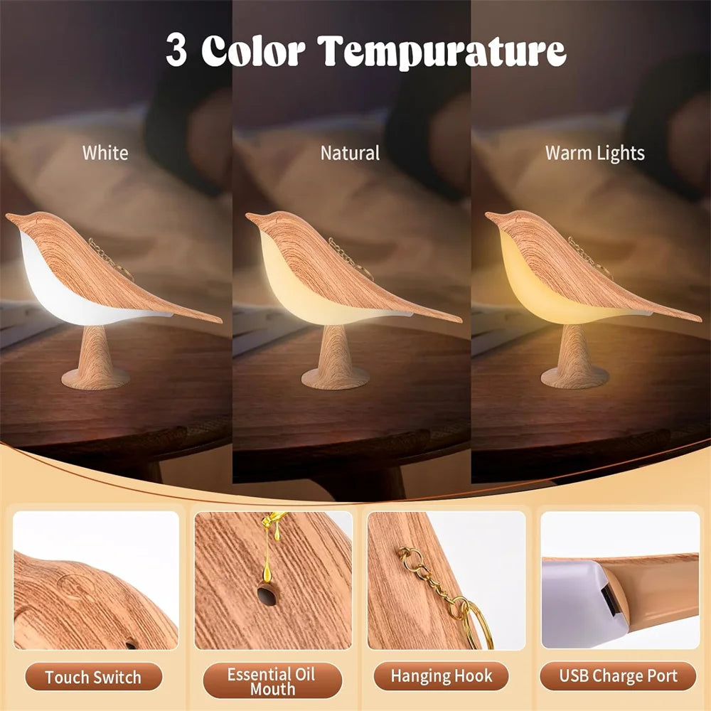 Lampe oiseau tactile posée sur une table de chevet
