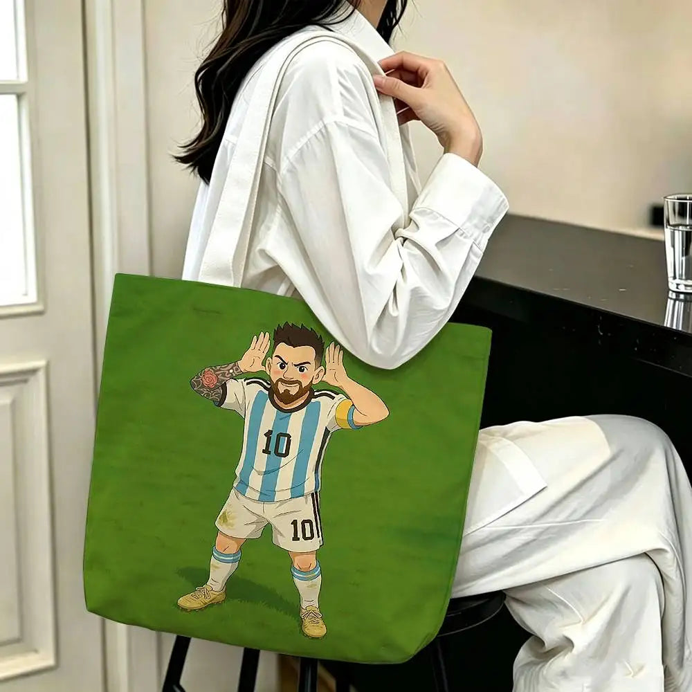 sac main blanc bleu clair rayures messi 10 polyestère réutilisable moderne graphique poignées détachables