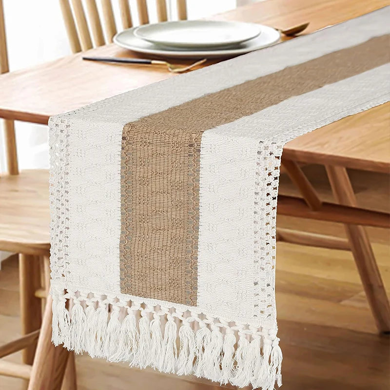 tableau lin chemin table géométrique franges rustique bohème beige blanc