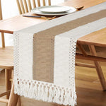 tableau lin chemin table géométrique franges rustique bohème beige blanc