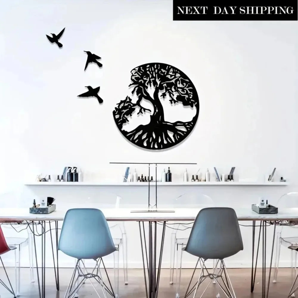 décoration murale moderne oiseaux volants arbre racines silhouette noireextérieur suspendu jardin patio