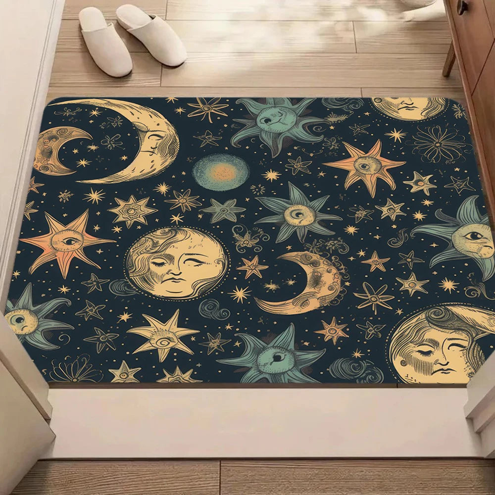 tapis sol bleu foncé doré étoiles lunes géométrique vintage 30x50cm 40x60cm 50x80cm