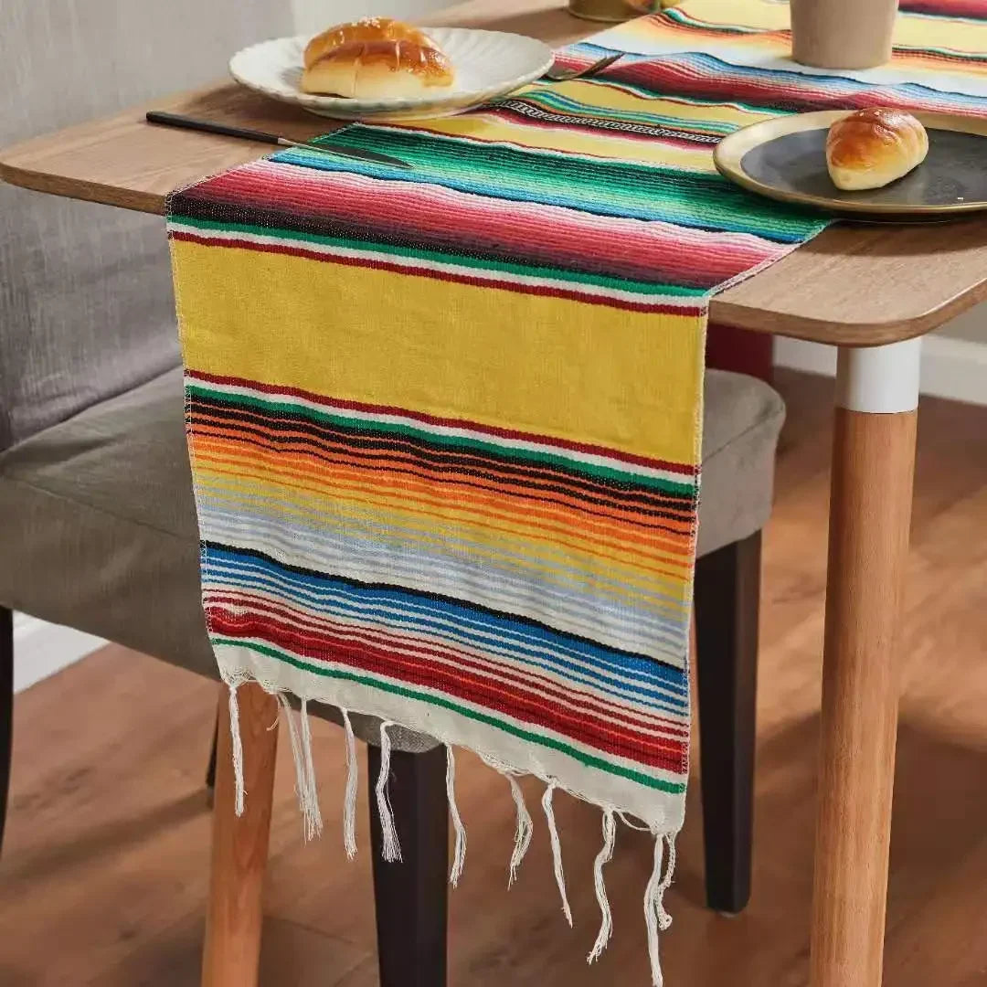 nappe mexicain rayées franges colorées maison carnaval festive 35x210cm polyester coton