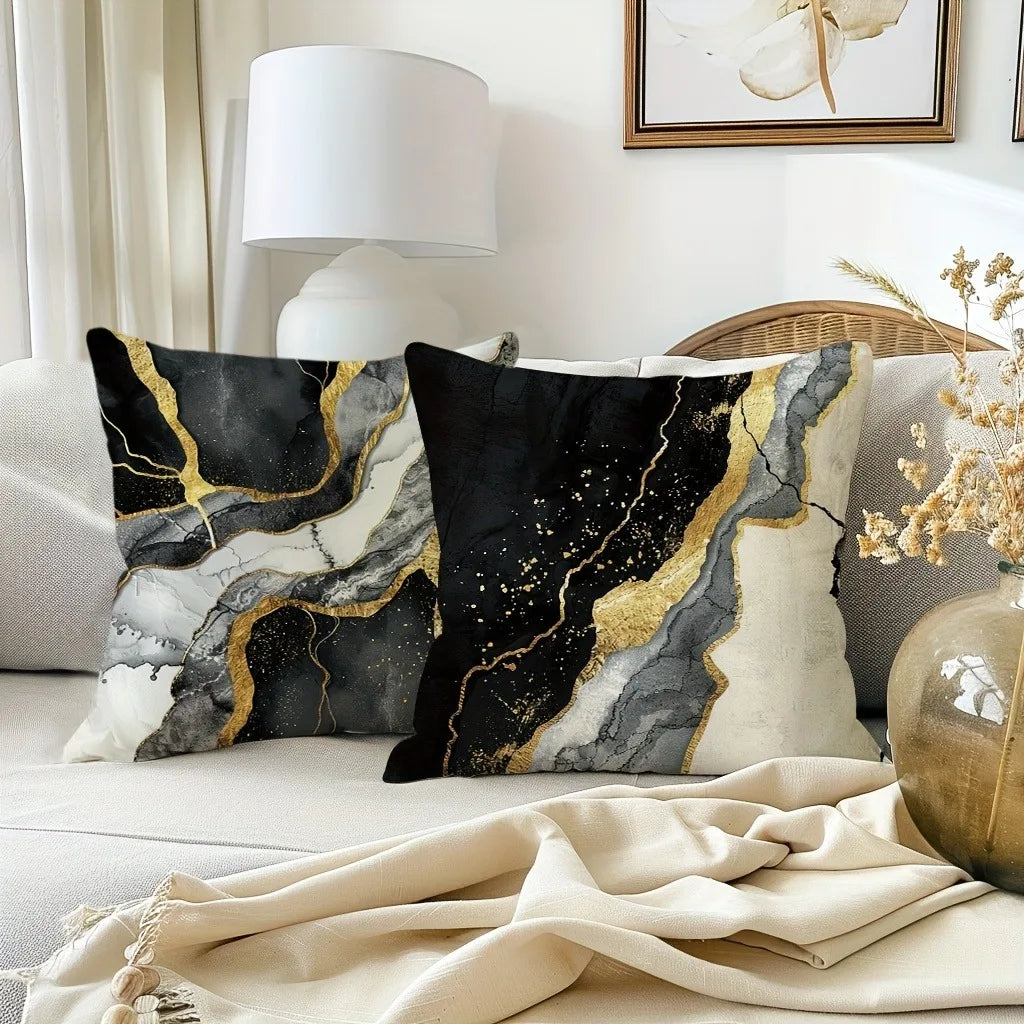 taies d'oreiller imprimées marbre veines dorées contemporain maison salon 45x45cm polyester peachskin