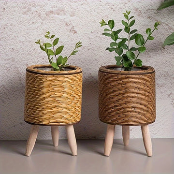 jardinière tressée moderne rustique cache pot bois naturel plante verte decoration interieur exterior