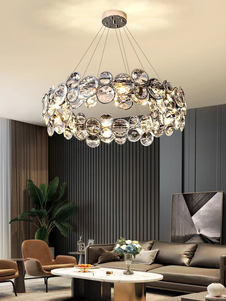 suspension lumineuse moderne transparente argentée ronds brillants plafonnier led chambre salon