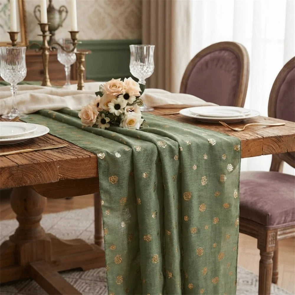 chemin table fleurs dorées vert olive classique noël saint valentin transparent résistant taches