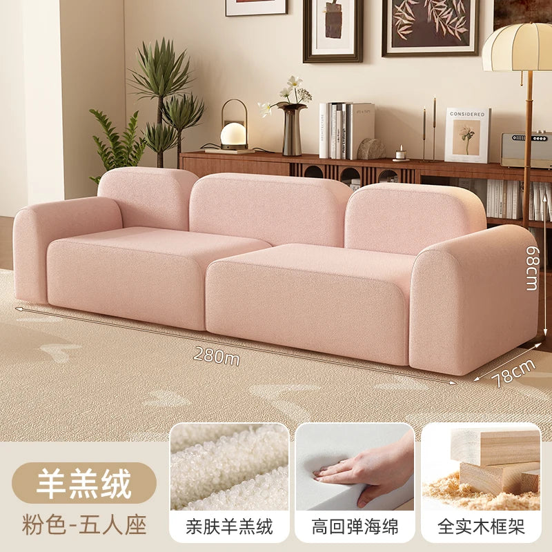 canapé moderne rose clair uni bois salon minimaliste 210cm 170cm 240cm coussins