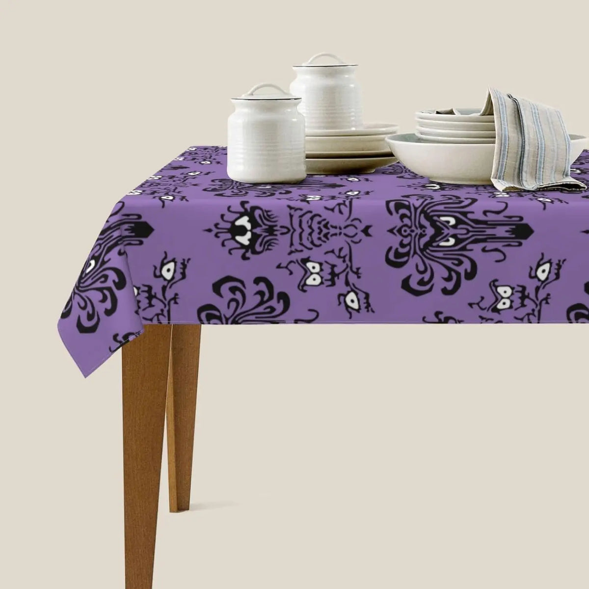 nappe moderne motif floral oeil violet noir blanche table halloween maison campingextérieur