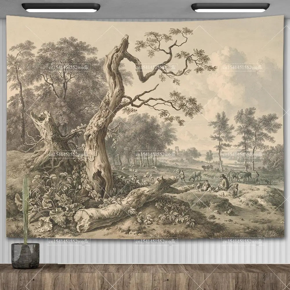 Tenture murale arbre vintage vert olive dans une pièce bohème