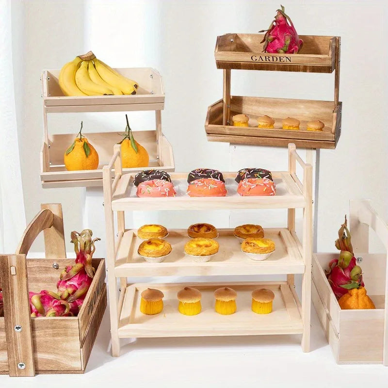 panier rangement bois multiple niveaux fruits desserts rustique étagère cuisine organisation ménage visibles aspect
