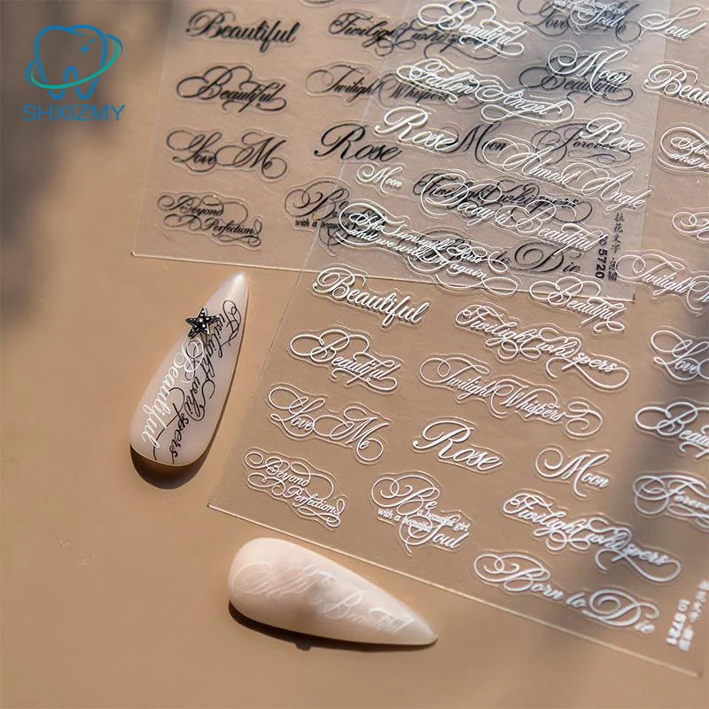 sticker ongle noir calligraphie vintage adhésif transparent pinceau pince ongles DIY manucure erotique erotique