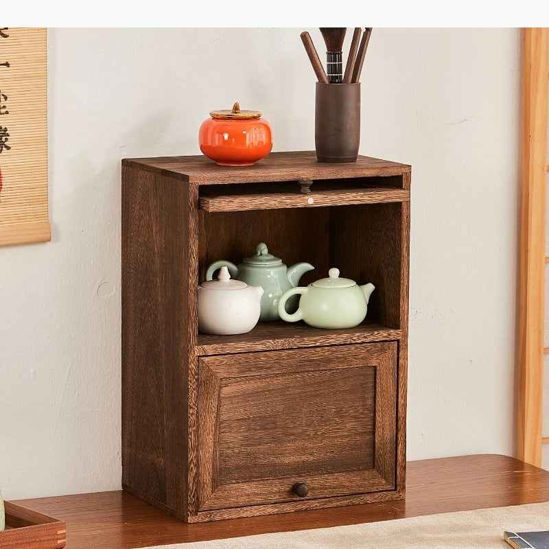 meuble classique marron foncé deux tiroirs bois naturel finition lisse poignées tirage rangement maison