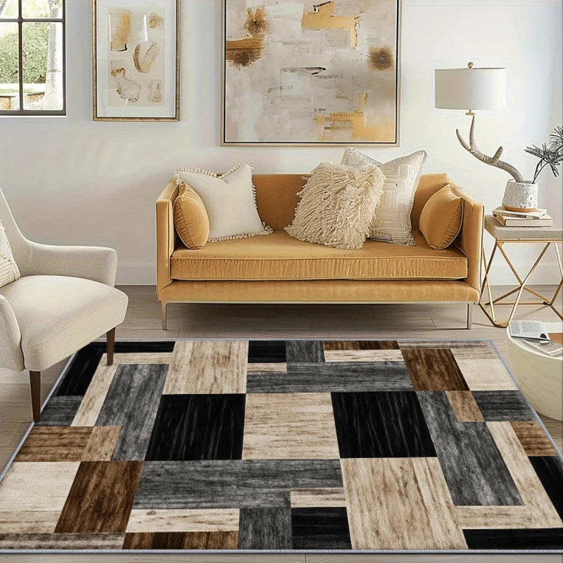 tapis moderne géométrique imitation bois noir gris marron polyester antidérapant salon chambre extérieur