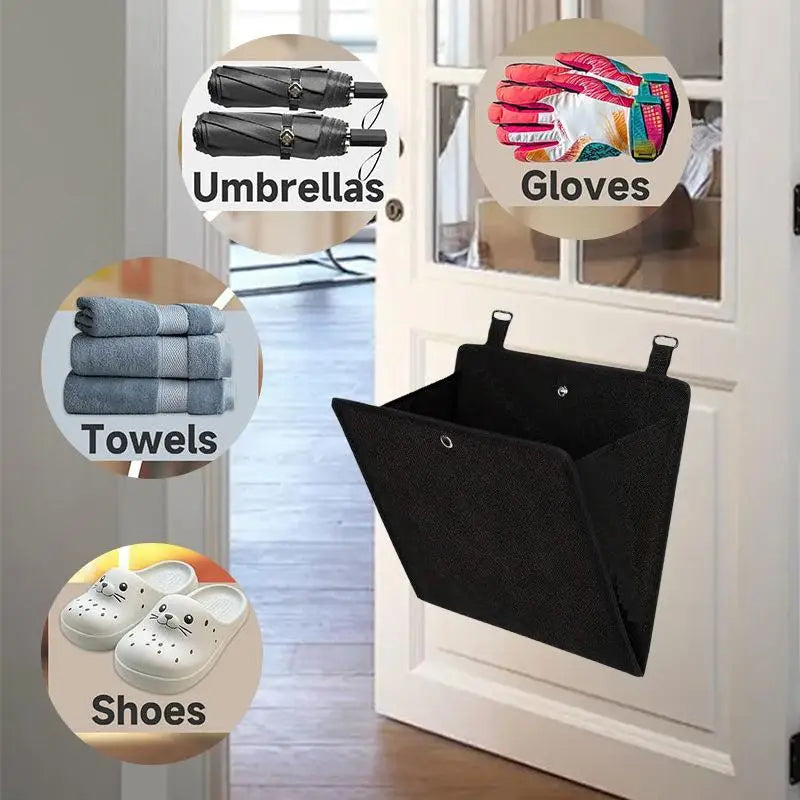 organisateur suspendu chaussures petits objets noir jaune blanc marron tissu texturé utilitaire minimaliste adhésif