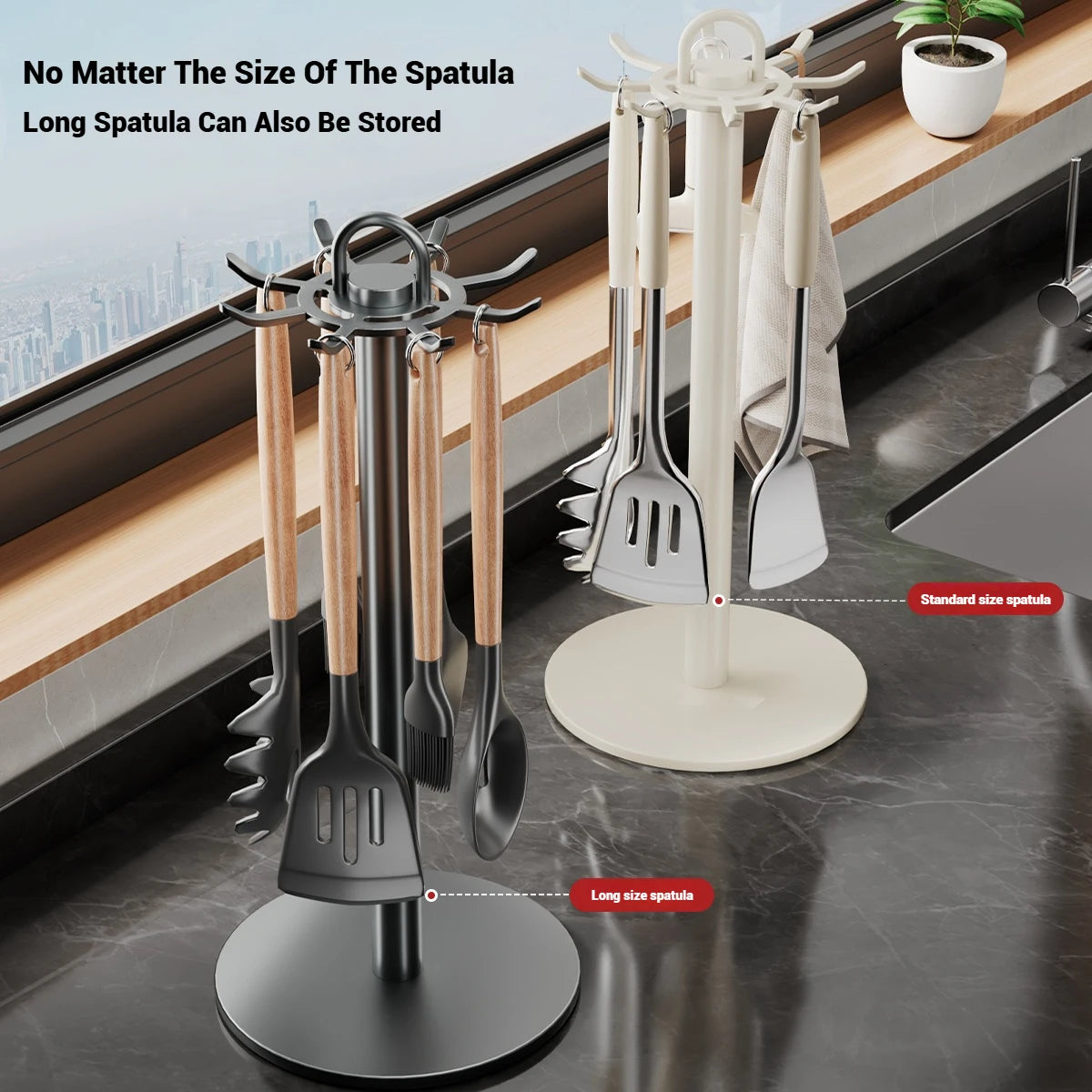 supports cuisine rotatifs spatules bois métal gris modernes organisation comptoir
