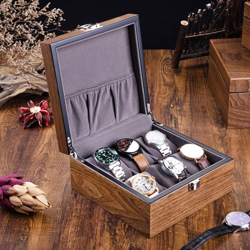 boîte montres 10 slots bois marron velours gris verre transparent classique clips verrouillage