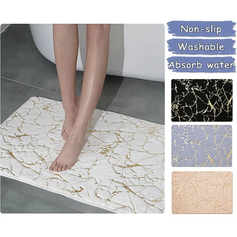 tapis bain sol antidérapant marbre doré duveté motifs veinés moderne