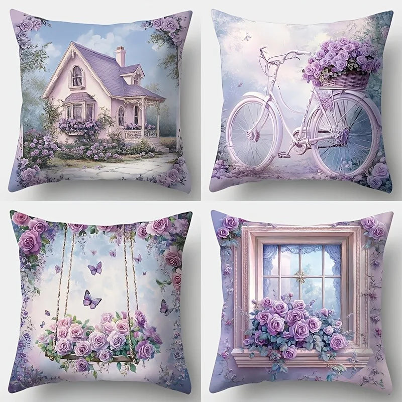 taies d'oreiller imprimées fleurs roses papillons vintage romantique polyester peacheskin 40x40cm 45x45cm 50x50cm 60x60cm