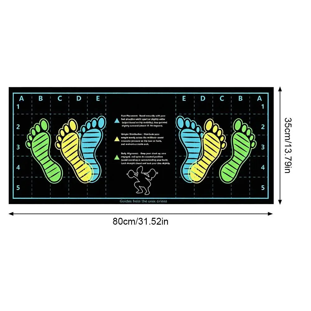 tapis entraînement musculation noir vert jaune bleu pieds coordonnées instructions anglaises 80x35cm