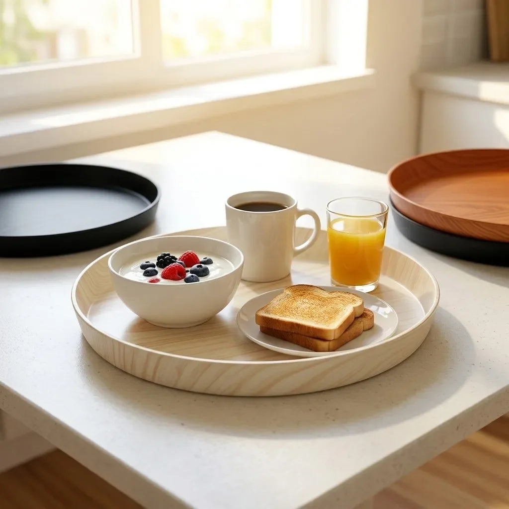 plateau rangement plastique moderne plateau circulaire naturel bol tasse céréales pain minimaliste
