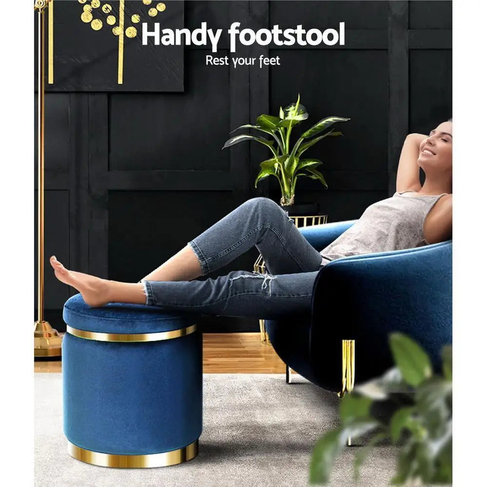pouf rond velours bleu marine moderne élégant rangement tabouret d'appoint repose pieds compact.velours bordures
