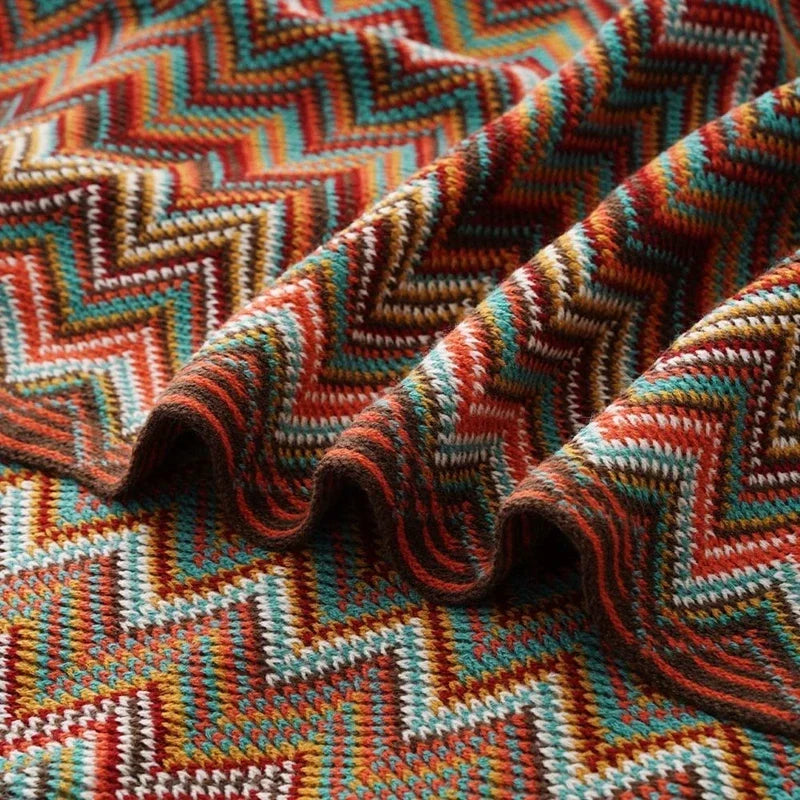 couverture plaid bohème ethnique rouge orange marron turquoise beige zigzag franges adaptable maison