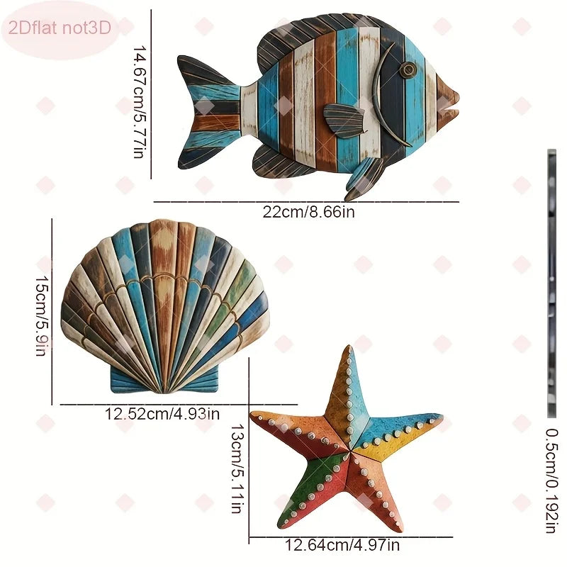 décorations murales poissons coquille étoile mer bleu brun noir motifs rayures pois géométriques artisanal