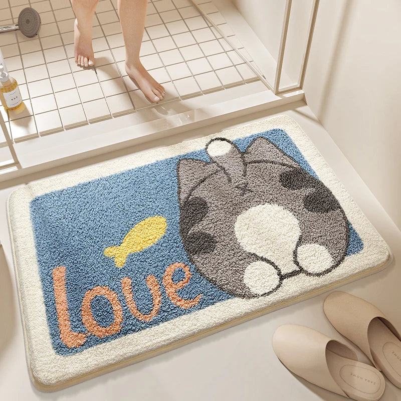 tapis bain antidérapant moderne imperméable dessin animé chats couleurs vives love luck polyester