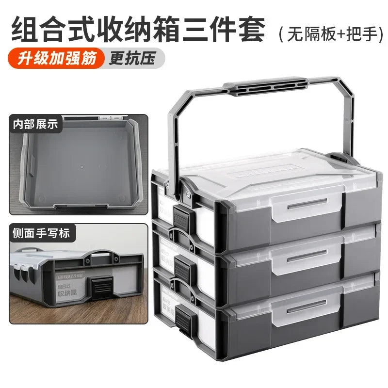 boîtes rangement outils plastique réutilisables gris transparent compartiments modernes poignées