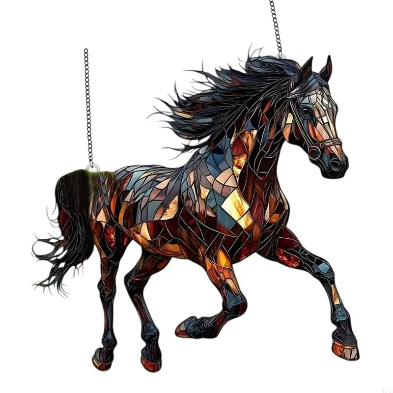 décoration suspendue chevaux verre coloré bleu turquoise or marron rouge feuille métal 20cm