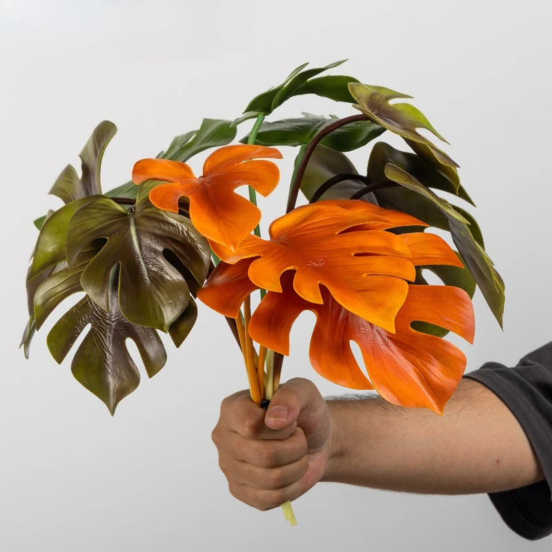 feuilles artificielles monstera vert orange noires décoration moderne pièces 60cm adhésif