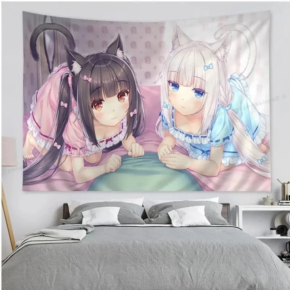 tapisserie murale anime dessins animaux mignons oreilles chat couleurs pastel rose bleu gris salon