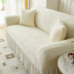 housse canapé jupe motif feuilles jacquard beige vert pastel oreillers assortis