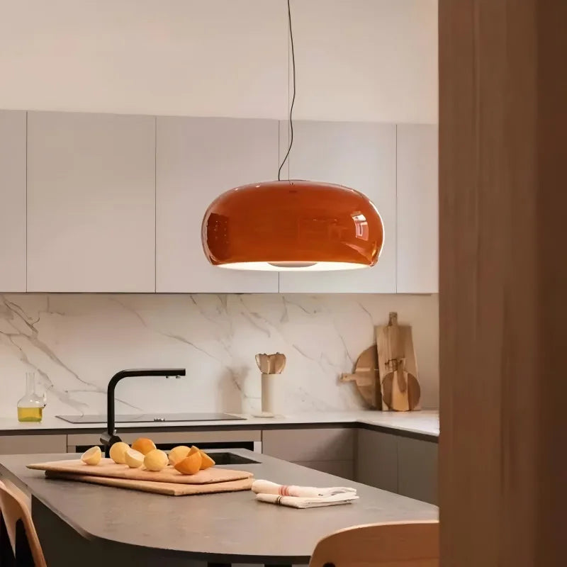 suspension lumineuse moderne couleur orange brillante salon cuisine chambre restaurant
