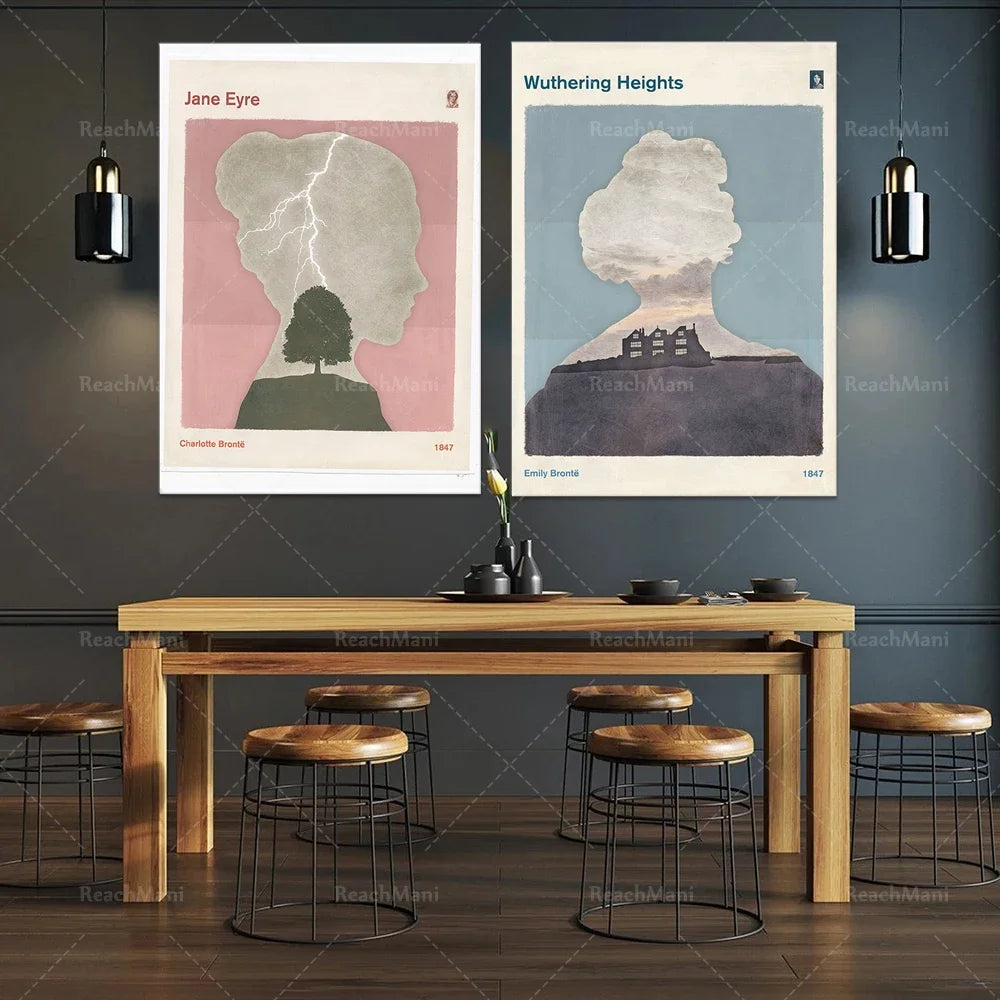 Une décoration élégante mettant en valeur les classiques littéraires "Jane Eyre" et "Wuthering Heights", avec une table en bois et des tabourets pour un environnement chaleureux et cosy.