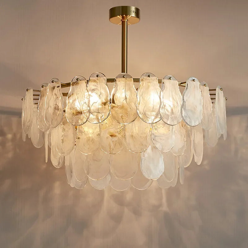 lampe suspendue transparente dorée organique moderne élégante ondulée translucide ampoules led intégrées cuisine salon