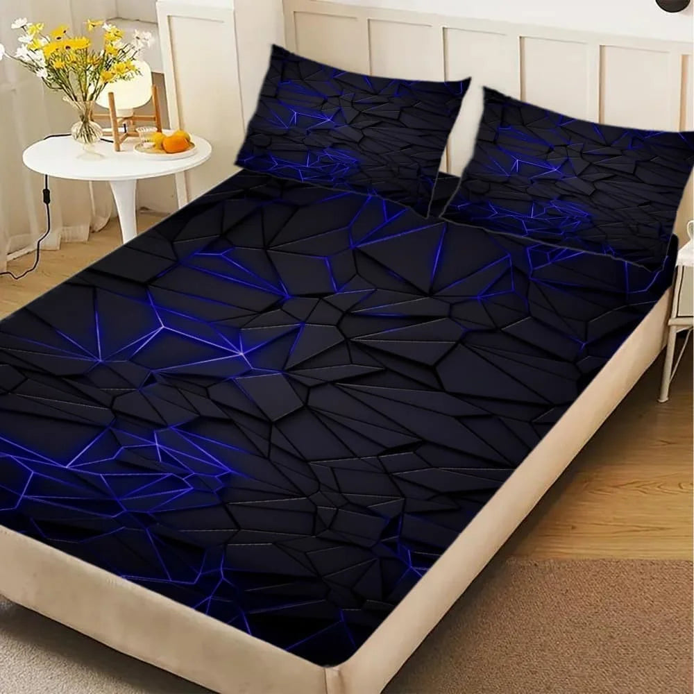 drap housse coton polyester géométrique moderne bleu noir poches adhésif chambre coucherqueenkingdouble