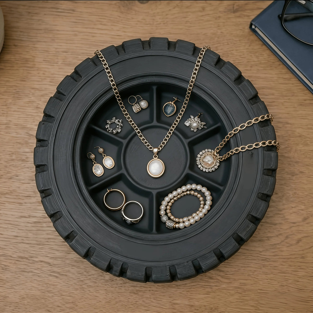 rangement industriel forme pneu noir bijoux clés lunettes téléphone porte monnaie unique