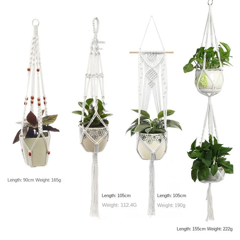 support plante suspendue macramé blanc artisanal anneaux métalliques pot inclusion 90cm 105cm 155cm