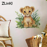 sticker mural lionceau illustration orange feuilles adhésif enfant salon décoration maison Podserviced by Qwen
