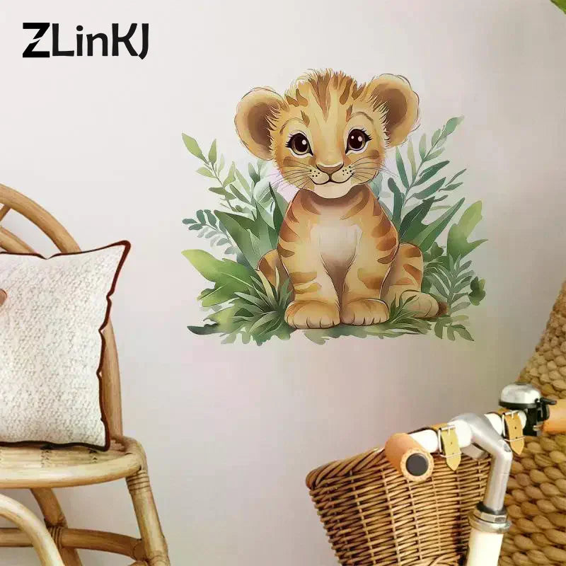 sticker mural lionceau illustration orange feuilles adhésif enfant salon décoration maison Podserviced by Qwen