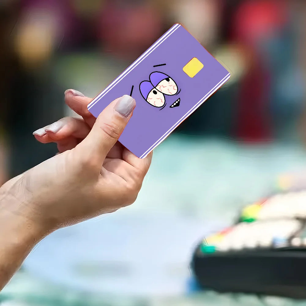 film autocollant carte bancaire violet dessin animé sourire réutilisable étanche