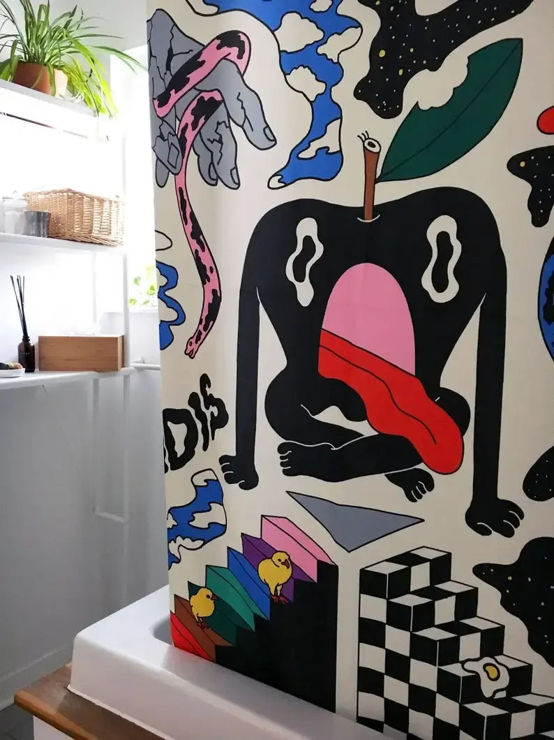 rideau douche graphique surréaliste métalliques personnages animaux fantastiques moderne blanc cassé
