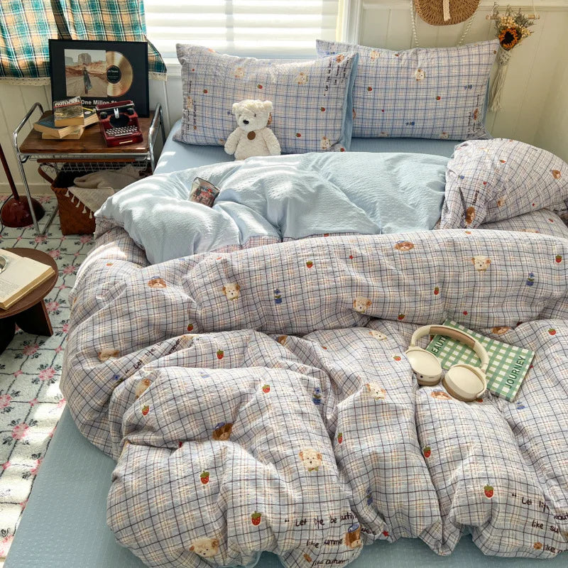 ensemble literie fleuri rose bleu marron clair coeurs taies d'oreiller housses couette doux moderne