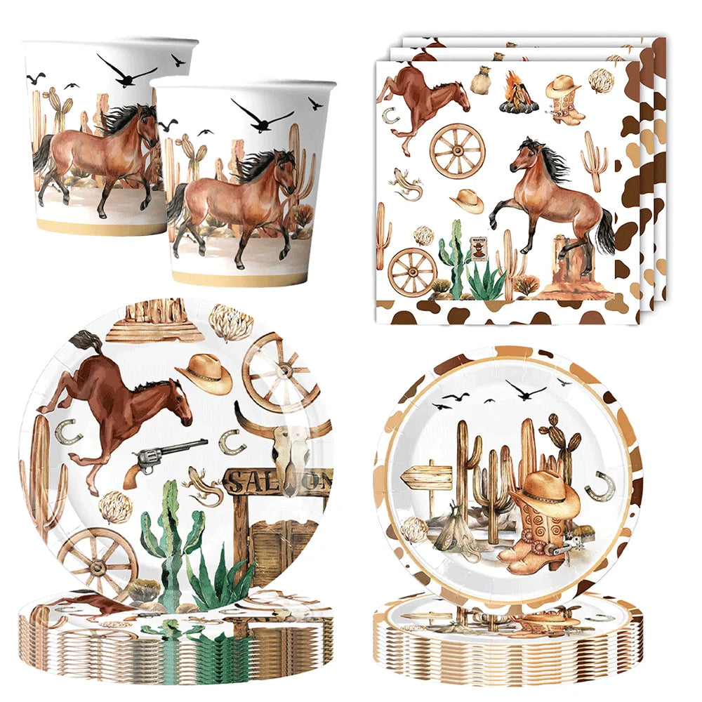 assiettes western verres serviettes nappe happy birthday chevaux cactus bottes motifs festives anniversaire noel