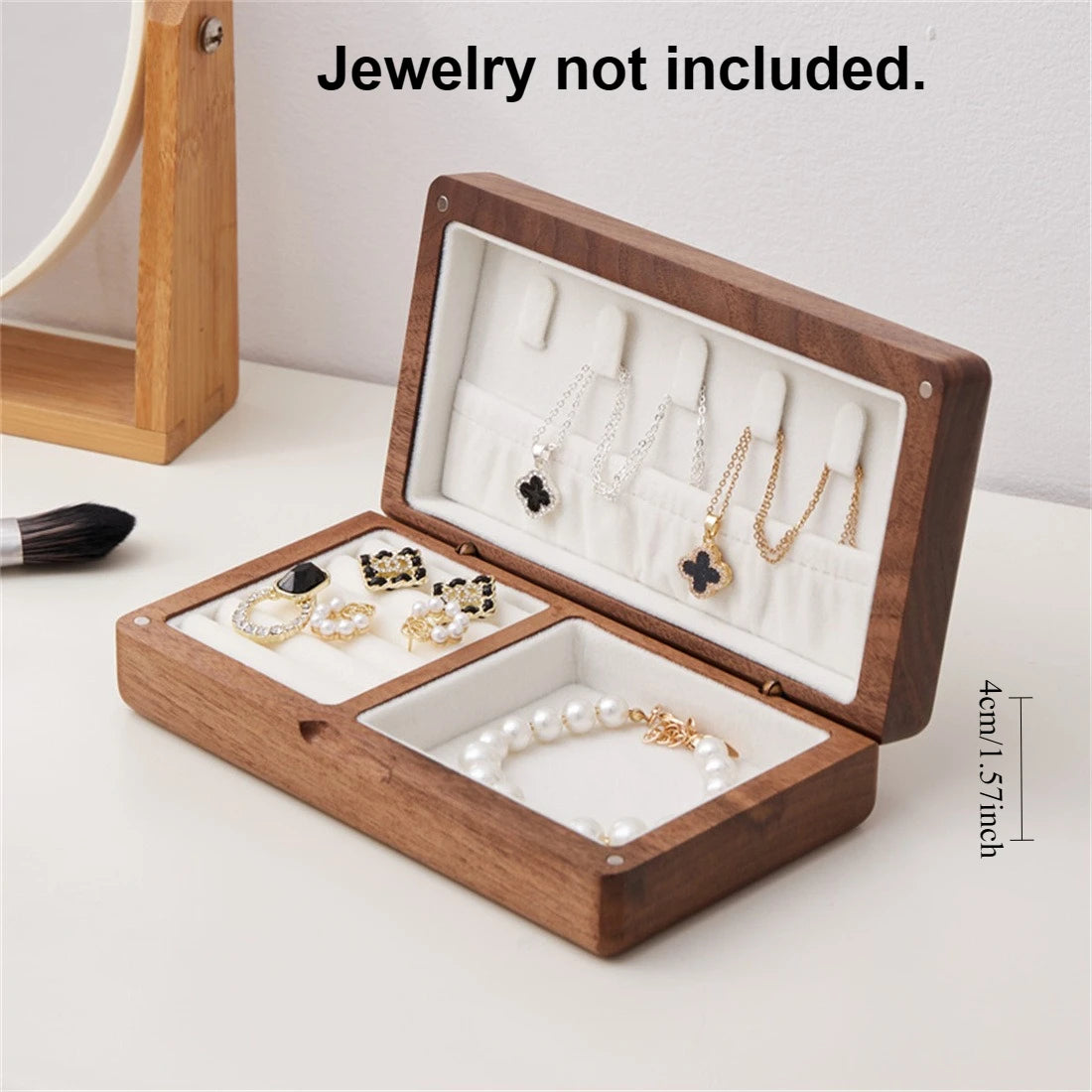 boîte bijoux bois foncé tissu gris classique minimaliste boutons dorés porte collier bracelet