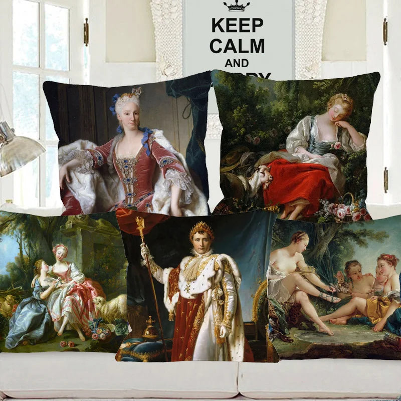 coussin décoratif carré portrait femme noble baroque classique peinture rouge bleu doré maison