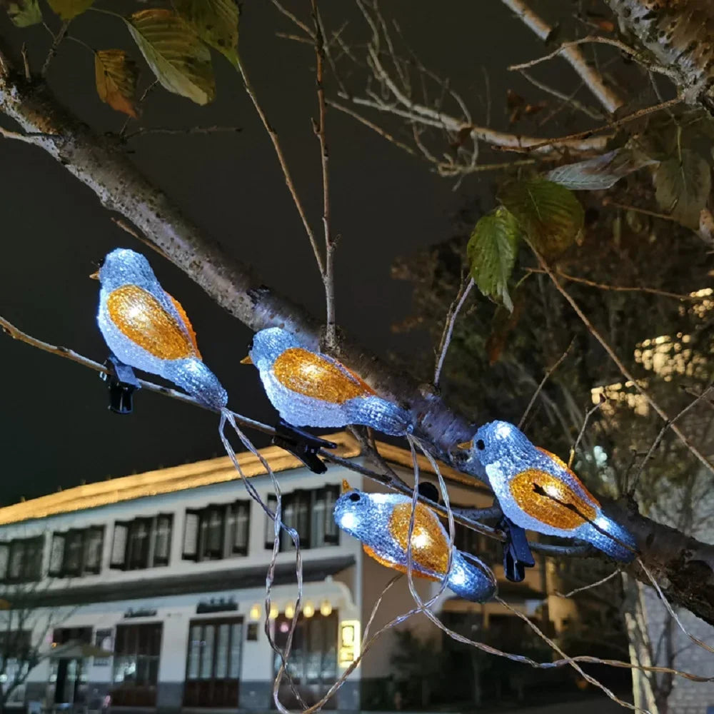 guirlande oiseaux bleu doré lumineuse clips solaire usb led jardin festive