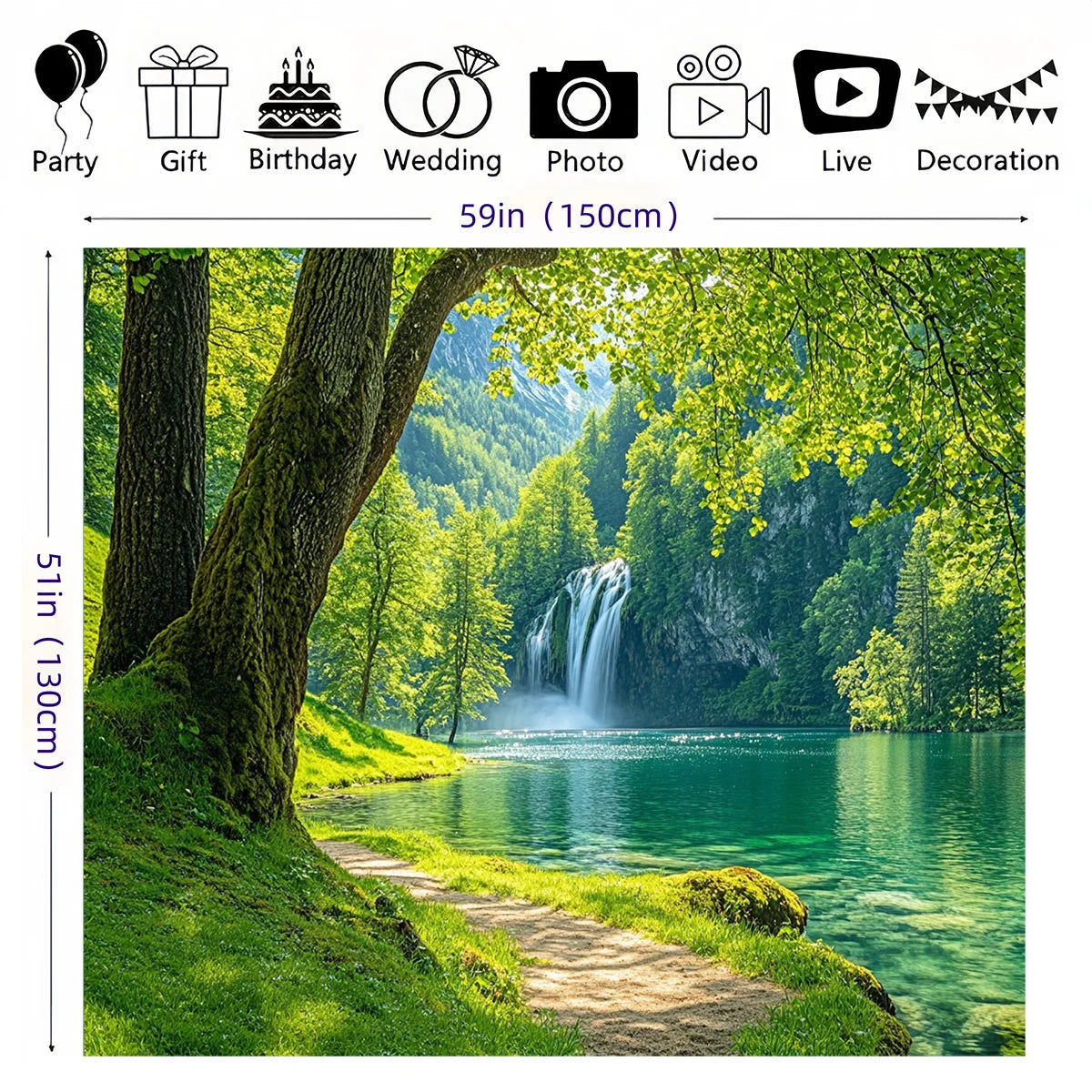 toile d'art paysage naturel cascade forêt vert printemps anniversaire mariage décoration événement opaque réaliste